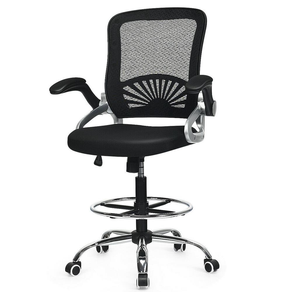 HOMEFUN Black Mesh Adjustable Height Drafting Chair with Lumbar Support Flip-Up Arms Foot Ring