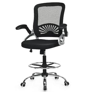 Adjustable Black Mesh Seat Swivel Drafting Chair with Flip-up Arms and Lumbar Support