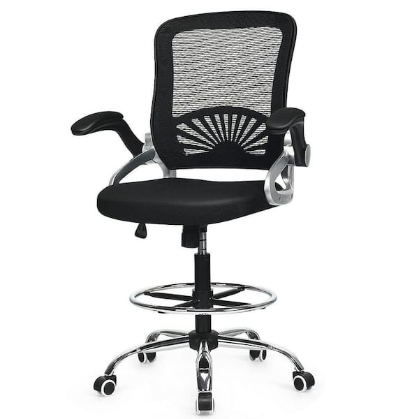 FORCLOVER Adjustable Black Mesh Seat Swivel Drafting Chair with Flip-up Arms and Lumbar Support