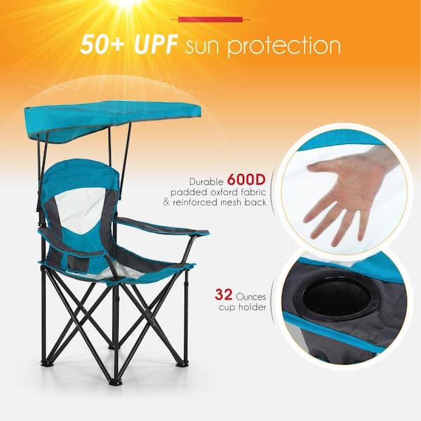 PHI VILLA Camping Chair With Canopy 50+ UPF Light Blue Folding