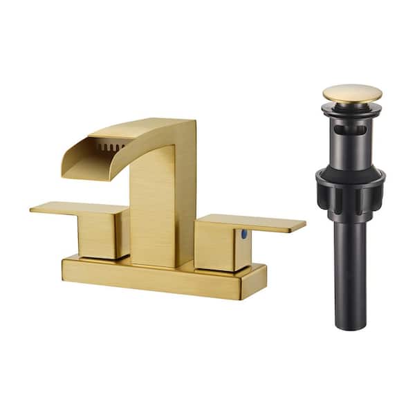 Waterfall Spout 304-Stainless Steel 4 in. Centerset Double Handle Bathroom Faucet with Drain Kit Included inBrushed Gold