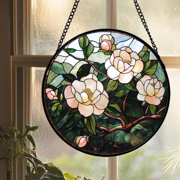 Pink Flowers Green Leaf Sun Catcher Plant Stained Glass Art Glass