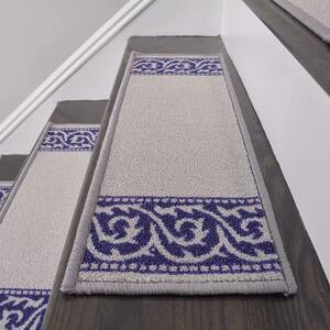 Indoor Scroll Design Grey-Navy 8-1/2 in. x 26 in. Slip Resistant Backing Stair Tread Cover (Set of 15)