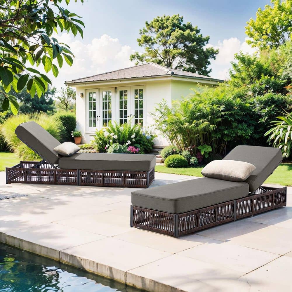 Facent Brown 2-Piece Wicker Outdoor Chaise Lounge Patio 5-Position Backrest Lounge Day Bed with 5 in. Gray Cushions price history on PriceWatchPro
