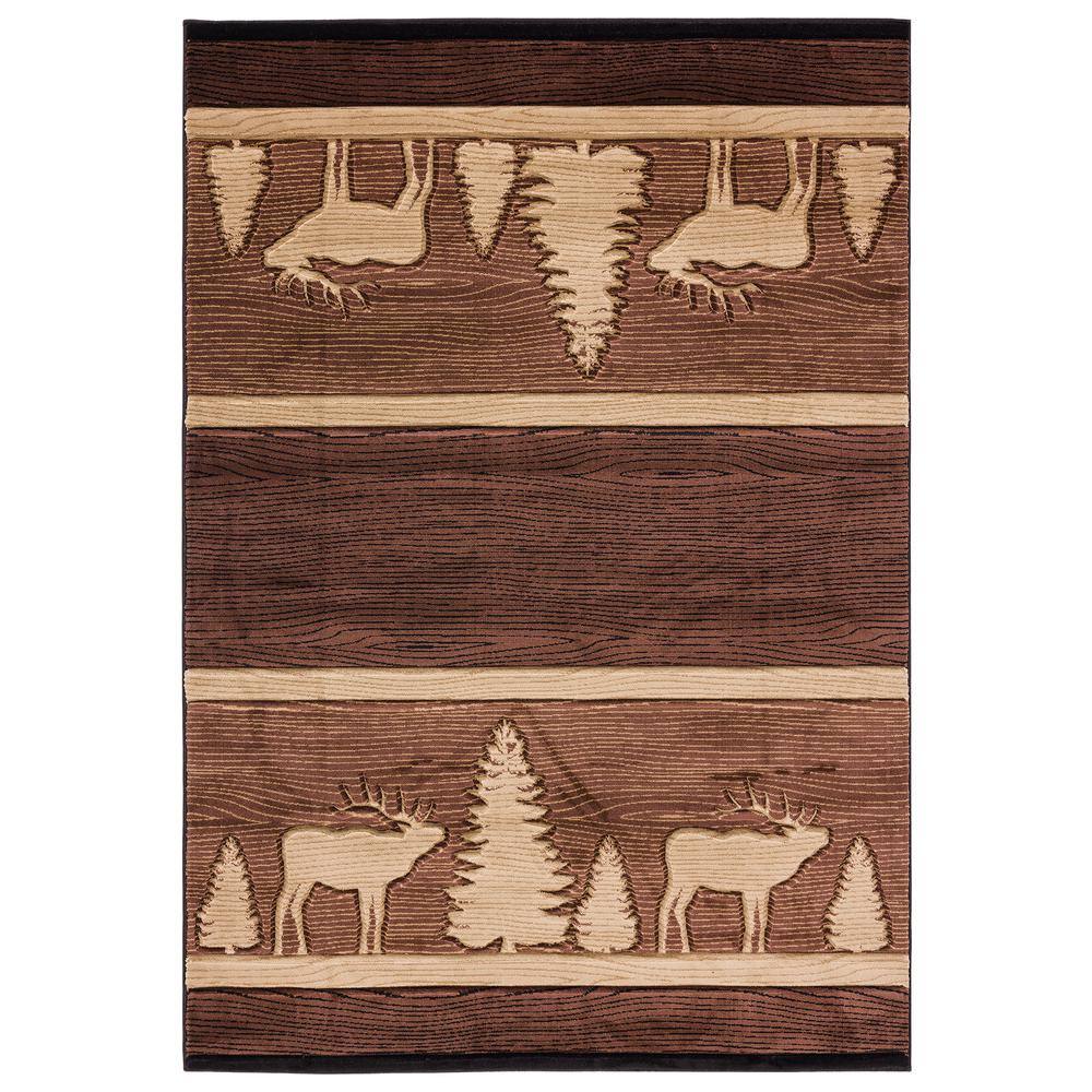 Hand-Carved Brown Lodge Rug with Deer and Tree Design, 31" x 50"