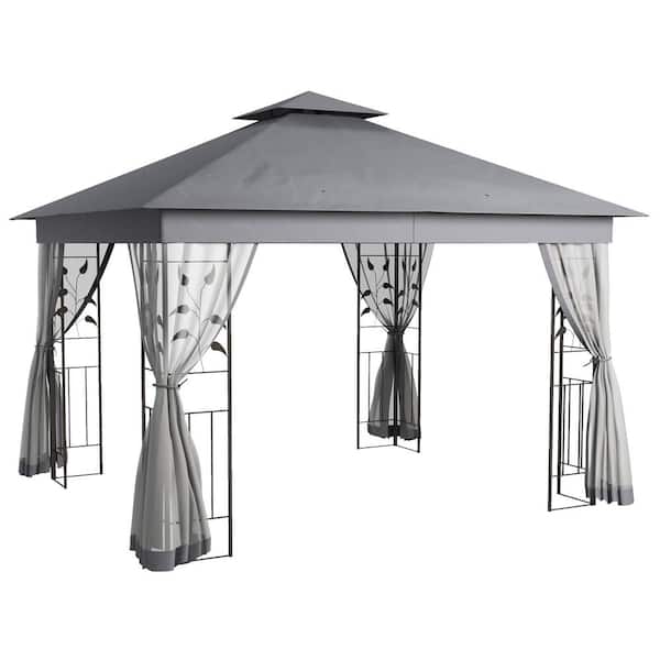 Unbranded 10 ft. x 11.5 ft. Gray Metal Patio Double Roof Gazebo Canopy with Netting for Garden, Lawn, Backyard, Deck