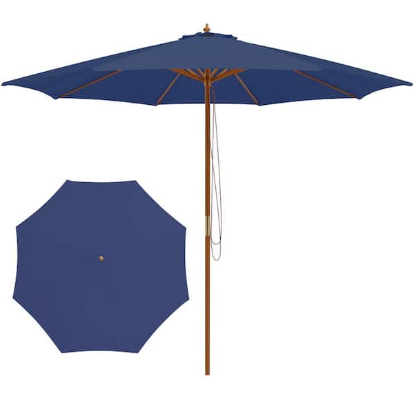 10 ft. Patio Umbrella Outdoor Table Market Umbrella with 8 Bamboo Ribs Pulley Lift and Ventilation Hole in Navy