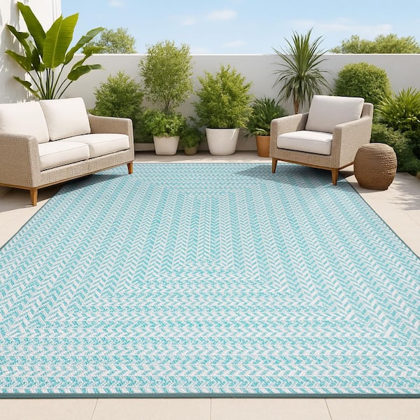 Chevron Modern Concentric Squares Aqua/Light Gray 5 ft. x 8 ft. Indoor/Outdoor Area Rug