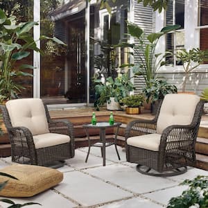 3-Piece Brown Wicker Swivel Outdoor Rocking Chair Set with Beige Cushions Patio Conversation Set (2-Chair)