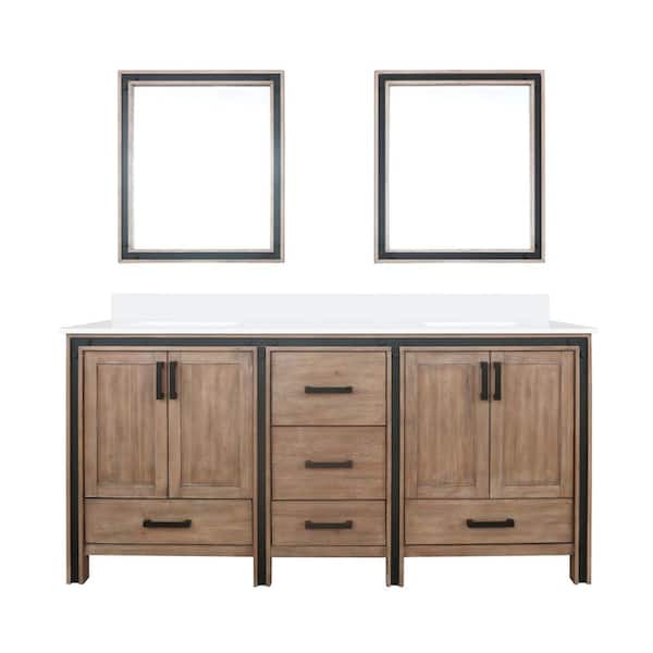 Ziva 72 in W x 22 in D Rustic Barnwood Double Bath Vanity, White Quartz Top and 30 in Mirrors