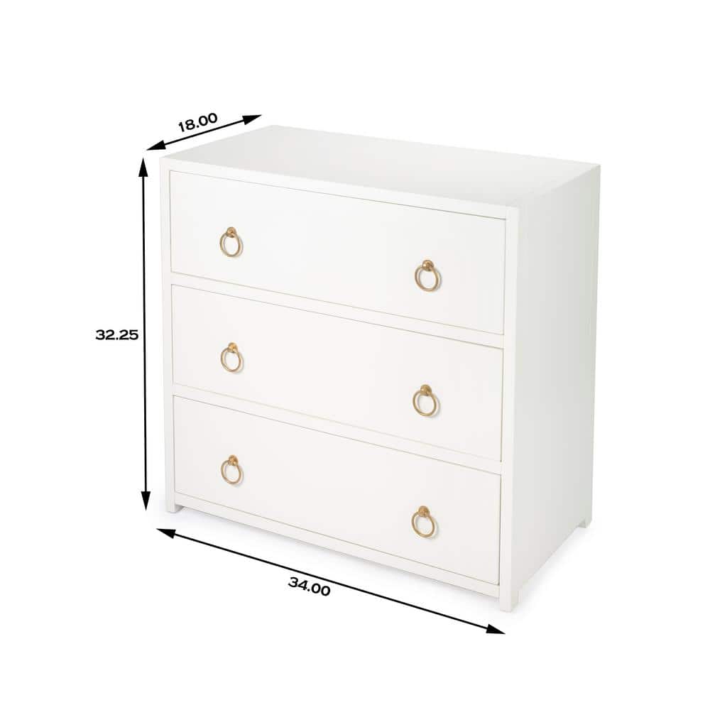 Elegant White Acacia 3-Drawer Chest with Gold Metallic Hardware