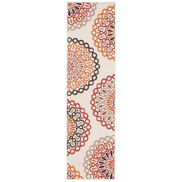 Veranda Creme/Red 2 ft. x 8 ft. Geometric Floral Indoor/Outdoor Runner Rug