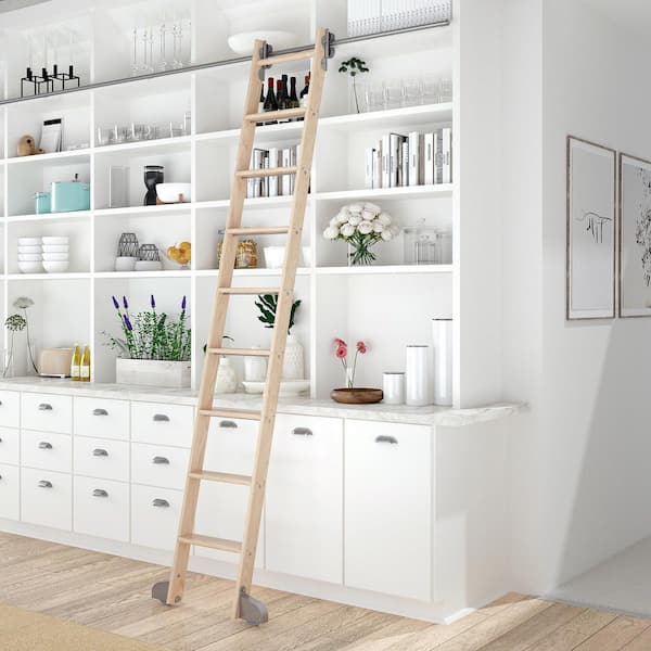 8.92 ft. Maple Library Ladder (10 ft. Reach) Satin Nickel Modern Rolling Hardware 12 ft. Rail and Horizontal Brackets