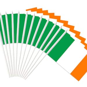 Ireland Stick Flag Irish 5 in. x 8 in. Handheld Mini Flag with 12 in. White Solid Pole Hand Held with Spear Top 1-Dozen