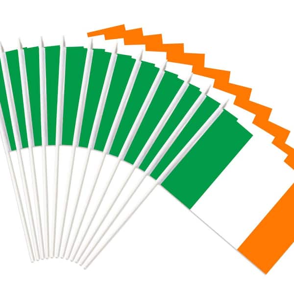 ANLEY Ireland Stick Flag Irish 5 in. x 8 in. Handheld Mini Flag with 12 in. White Solid Pole Hand Held with Spear Top 1-Dozen