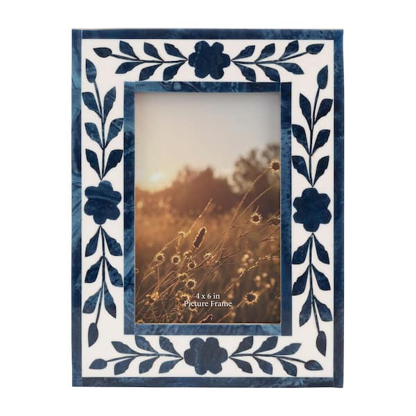 7 in. x 9 in. Blue Resin and Wood Floral Petals Photo Frame