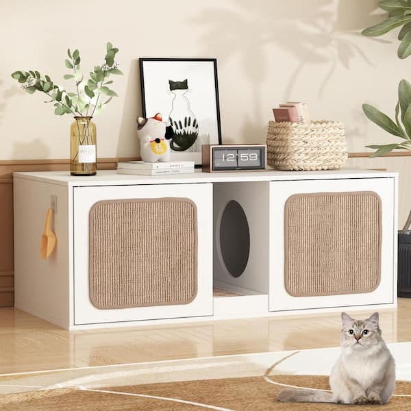 Litter Box Enclosure With Two Sisal Doors, Wooden Hidden Cat Litter Box Washroom Storage Cabinet Bench End Table