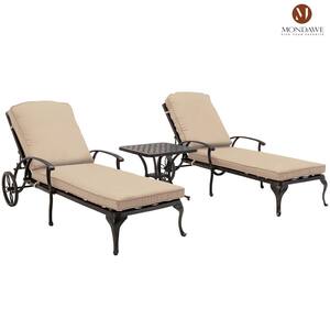 3-Piece Cast Aluminum Outdoor Chaise Lounge Table Set Reclining Chair with Beige Cushion