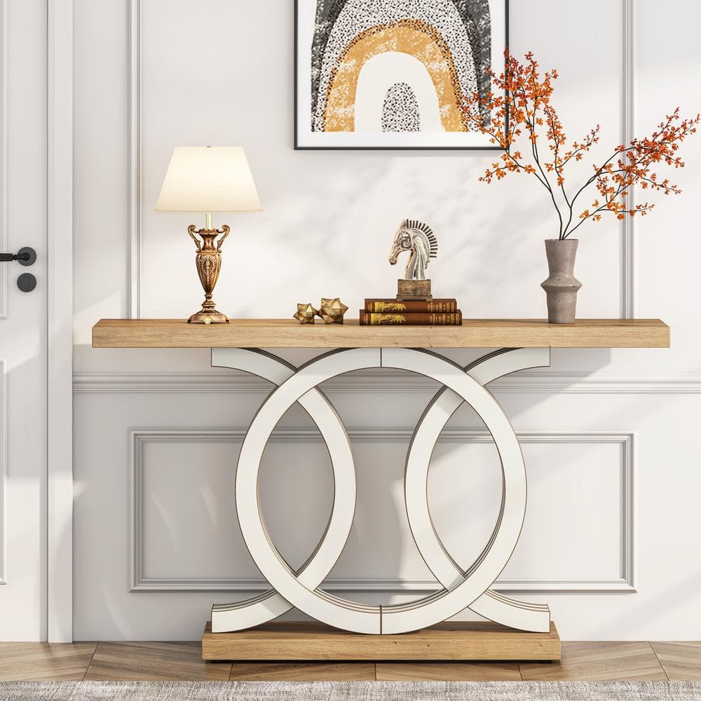 White and Natural Wood 55" Console Table with Geometric Base