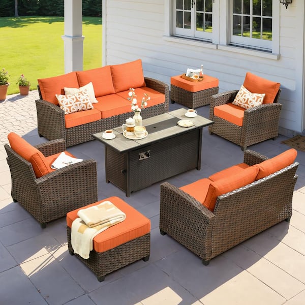 weaxty W Antigone Gray 7-Piece Wicker Patio 53 in. Spacious Fire Pit Conversation Sofa Set with Orange Red Cushions
