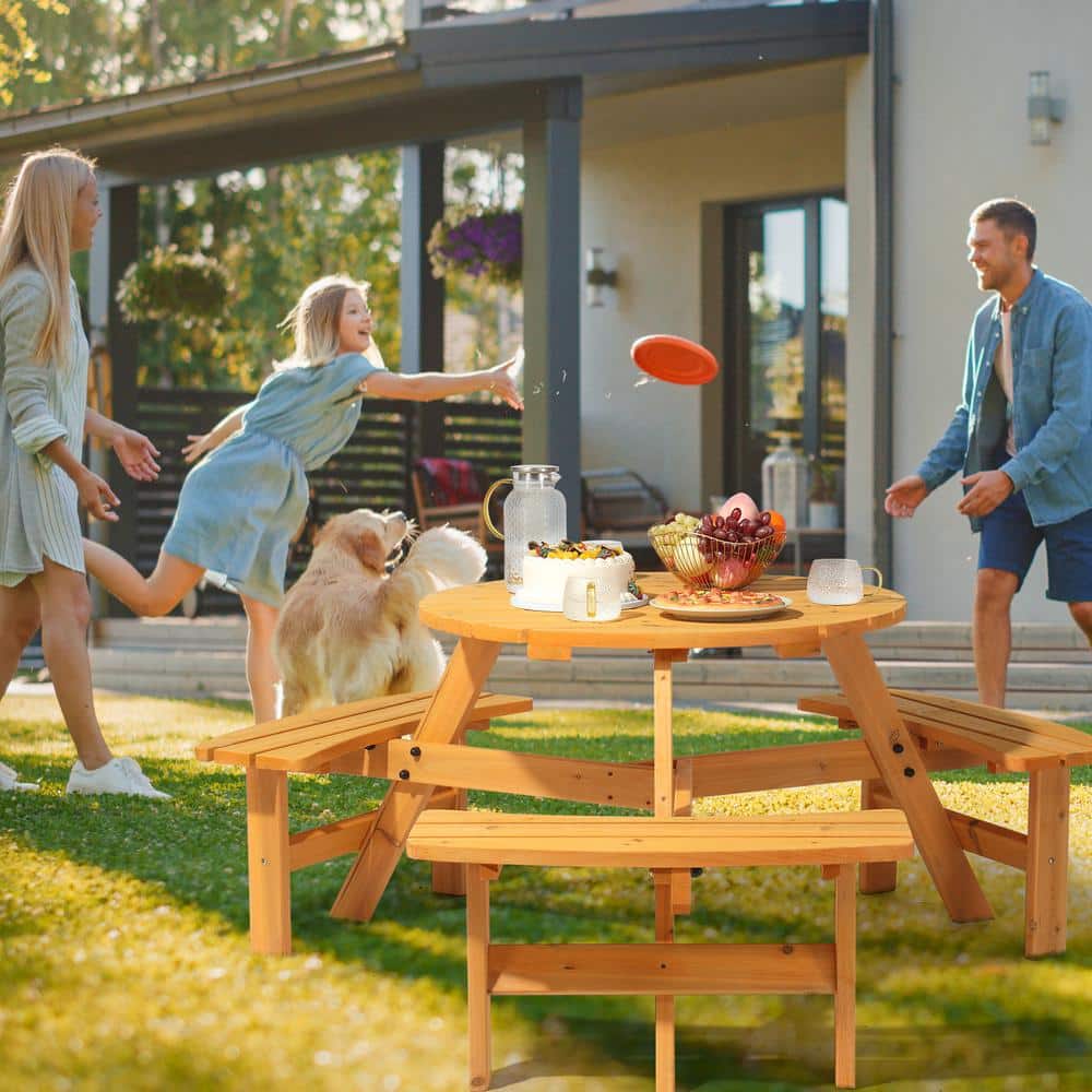 Natural Wood 6-Person Circular Picnic Table with Benches