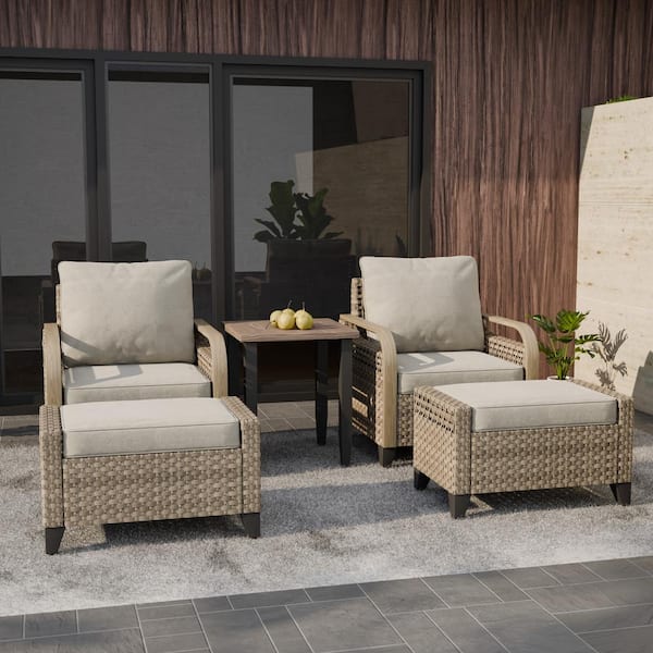 EAGLE PEAK 5-Piece Wicker Outdoor Patio Conversation Set with Gray Cushions, Ottomans and Side Table