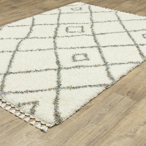 Avalon Ivory/Multi-Colored 2 ft. x 8 ft. Geometric Diamond Lattice Polypropylene Shag Tassel Indoor Runner Area Rug