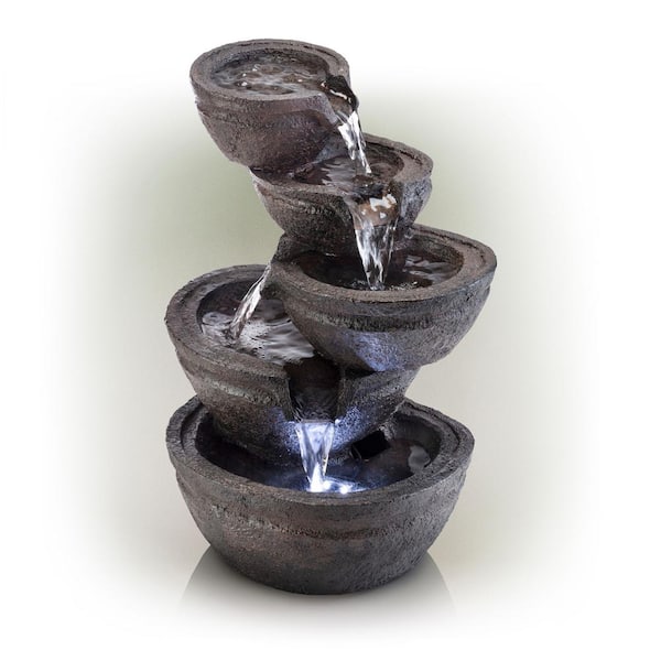 Alpine Corporation 13 in. Tall Indoor/Outdoor Tabletop Tiering Bowls Fountain with LED Lights