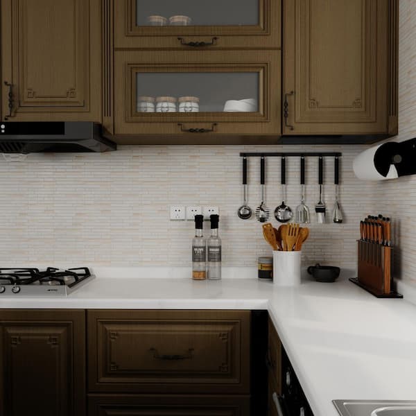 12 in. x 12 in. Vinyl Peel and Stick Wall Tile Backsplash for Kitchen, Stone Beige with Metal Copper (10-Pack)