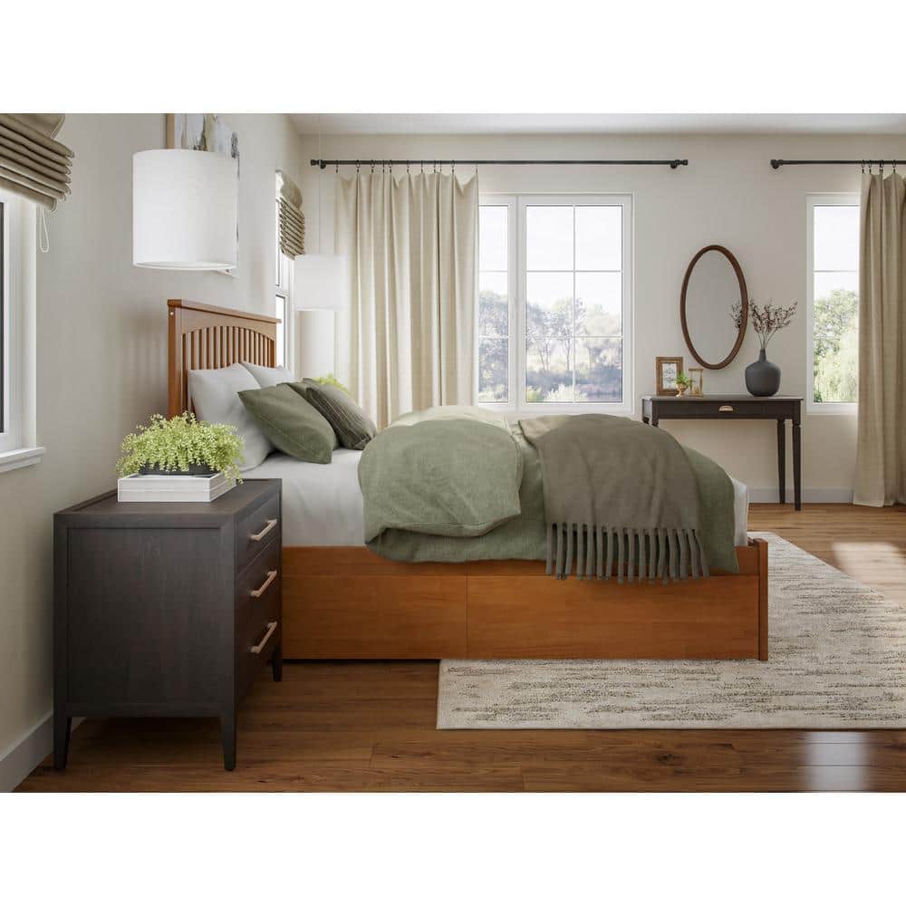 King Light Toffee Solid Wood Platform Bed with Storage Drawers
