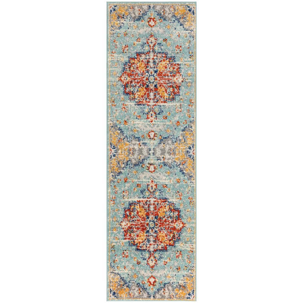 Passion Aqua Multicolor 2 ft. x 10 ft. Center medallion Traditional Runner Area Rug -  Nourison, 968371