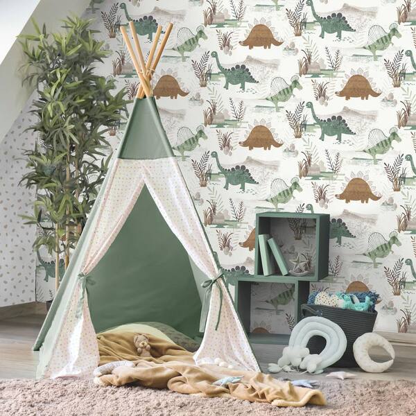 Prehistoric Dino Green Whimsical Wallpaper