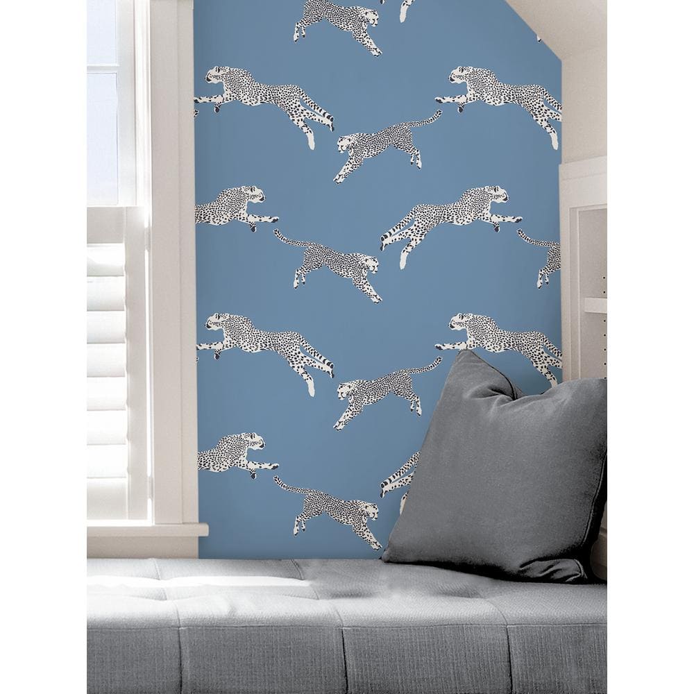 Sky Blue Vinyl Peel and Stick Wallpaper with Leaping Cheetah Design