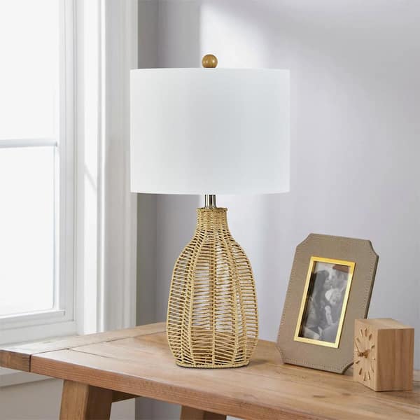 Maxax Heideman 25 in. Natural Wicker Table Lamp with White Linen Lampshade