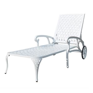 Tige Antique White Garden Metal Patio Adjustable Cast Aluminum Chaise Lounge Recliner Chair with 2 Wheels