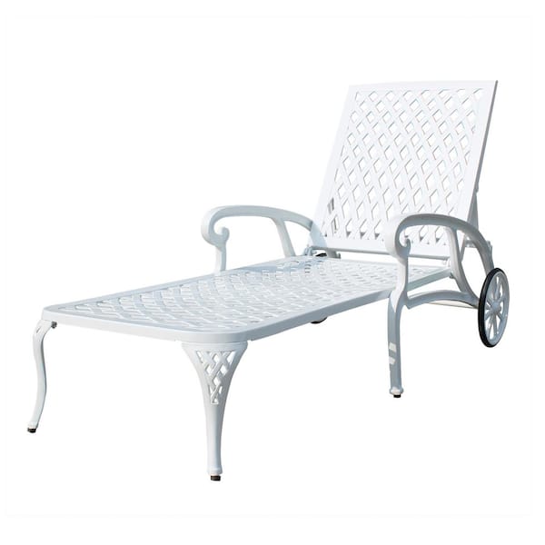Mondawe Tige Antique White Garden Metal Patio Adjustable Cast Aluminum Chaise Lounge Recliner Chair with 2 Wheels
