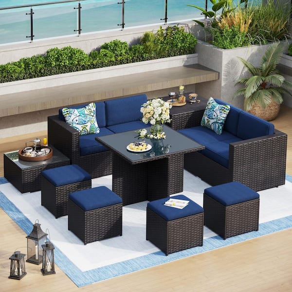 Brown Rattan Wicker 8 Seat 9-Piece Steel Patio Outdoor Sectional Set with Blue Cushions,Coffee Table and Storage Box
