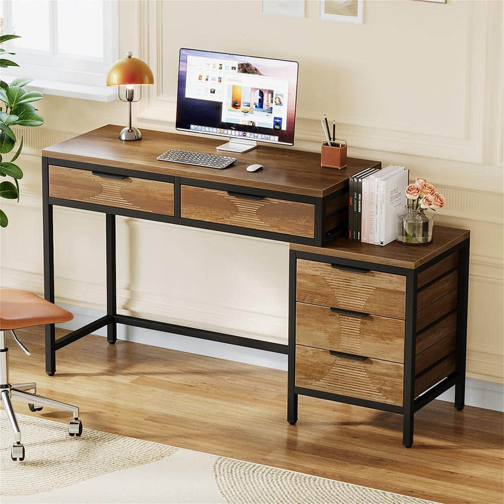 Halseey 51 in. Rectangular Brown Wood 5-Drawer Computer Desk with Storage, Reversible Office Desk Study Writing Desk -  TRIBESIGNS WAY TO ORIGIN, HD-JW0860-HYF