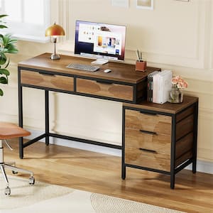 Halseey 51 in. Rectangular Brown Wood 5-Drawer Computer Desk with Storage, Reversible Office Desk Study Writing Desk