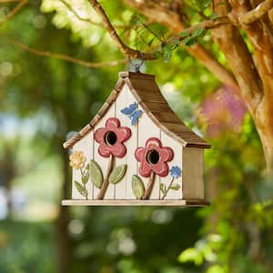 10.5 in.H Washed White Distressed Solid Wood 2-Story Townhouse Garden Birdhouse with 3D Flowers