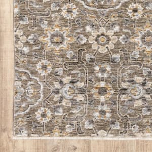 Grey and Tan 3 ft. x 5 ft. Floral Power Loom Stain Resistant Fringe with Area Rug