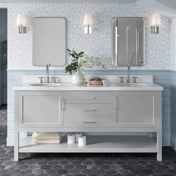 ARIEL Bayhill 73 in. W x 22 in. D x 36 in. H Bath Vanity in Grey with Carrara White Marble Top