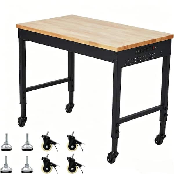 60" x 22" Adjustable Workbench, Heavy Duty Workbench with Power Outlet and Lockable Wheels, 2000 LBS Capacity