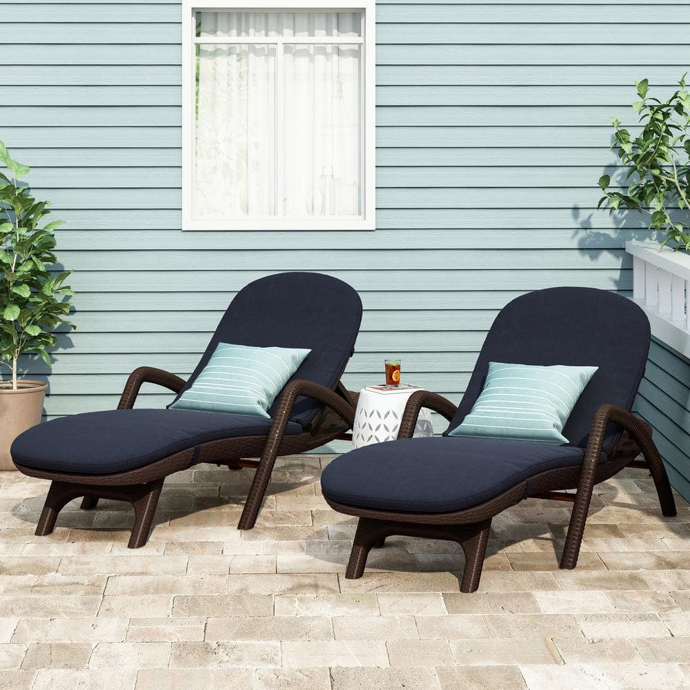 Mikael Dark Brown 2-Piece Faux Rattan Outdoor Patio Chaise Lounge with Navy Blue Cushion -  Noble House, 83962