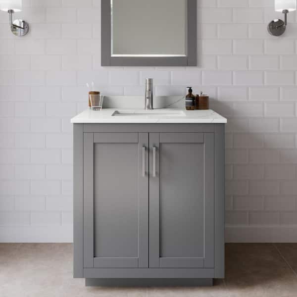 Wyndham Collection Miranda 30 in. W x 22 in. D x 33.75 in. H Single Bath Vanity in Dark Gray with Giotto Quartz Top and 24 in. Mirror