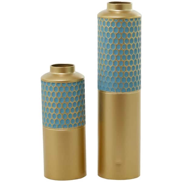 CosmoLiving by Cosmopolitan Light Blue Honeycomb Metal Decorative Vase (Set of 2)