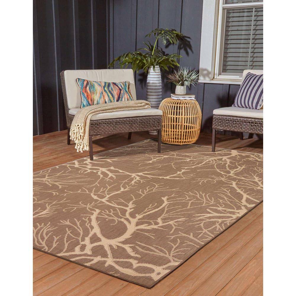 Brown and Beige Rectangular Synthetic Outdoor Area Rug