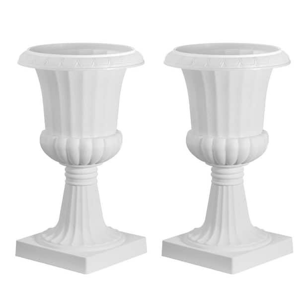 Plastic Urn Planters, 9.84 in. x 16.54 in. 15 qt. White Plastic Urn 2-Pack Classic Flower Pots Front Porch Planters