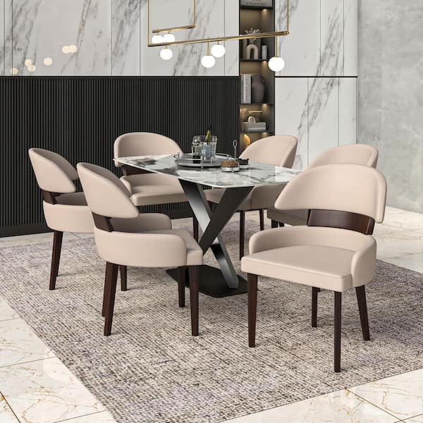 Modern Dining Chairs Leather Seat Curved Open Back with Rubberwood Legs Ethos Collection in Taupe