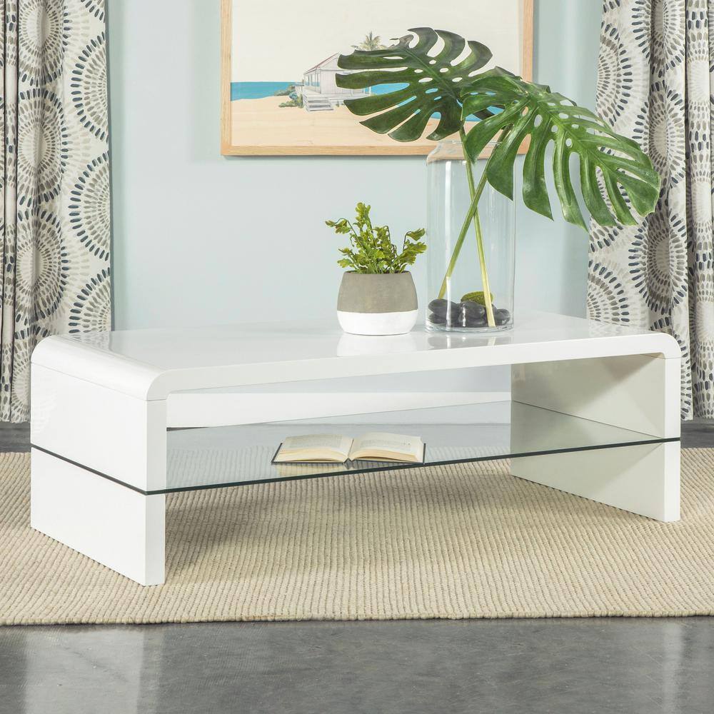 White High Gloss Rectangular Coffee Table with Glass Shelf